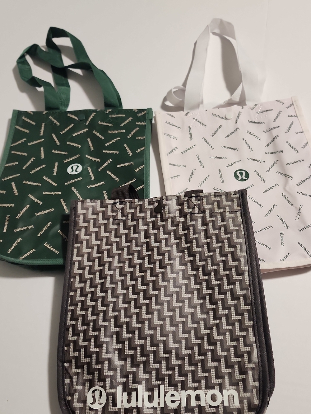 3 Small Lululemon Tote Bag,  Green, Light Pink & Black/Gray Pattern